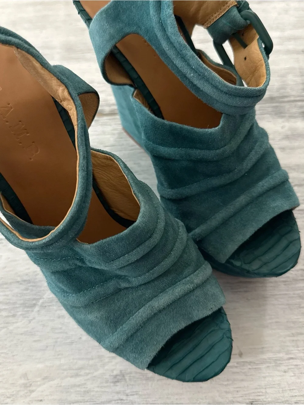 L.A.M.B. Teal Suede Platform Wedge Sandals with Ankle Buckle size 9.5M